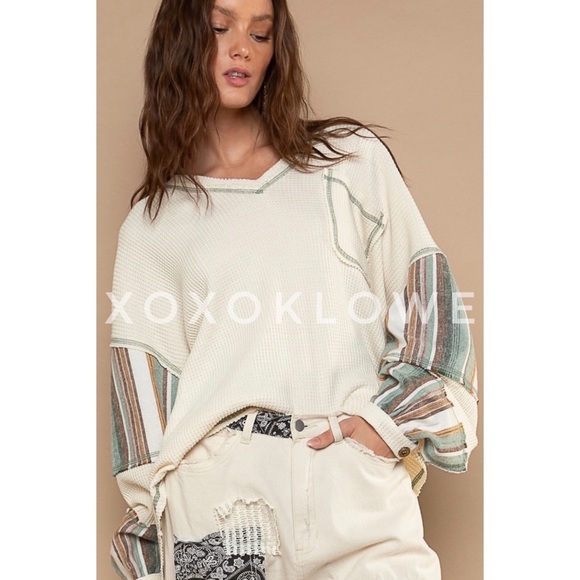 POL Cream Waffle Knit Oversized Top | Striped Long Sleeve Pullover Thermal - Picture 5 of 7